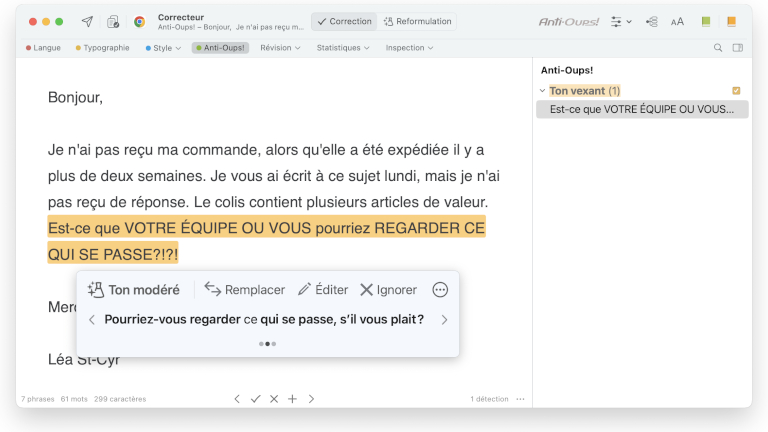 L'Anti-Oups d'Anditoe 12 nous permet d'identifier un ton vexant dans nos courriels. Antidote 12 Anti-Oups ton vexant