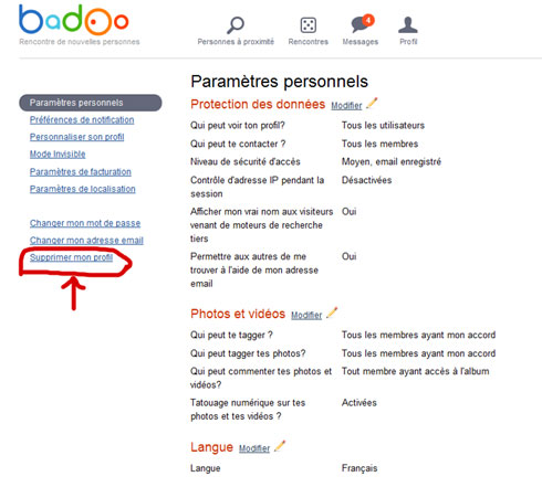 badoo fermeture compte