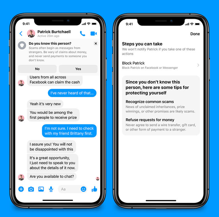 Messenger permet de reconnaître si la personne qui nous écrit utilise un compte imposteur au nom d’un de nos contacts. Crédit: Facebook. Messenger avertissement compte inconnu