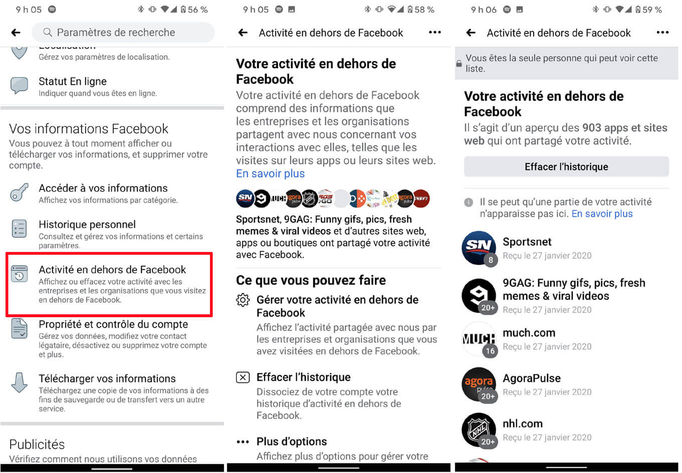 Voici où se trouve la fonction Activité en dehors de Facebook sur mobile. Activités en dehors de Facebook mobile téléphone intelligent