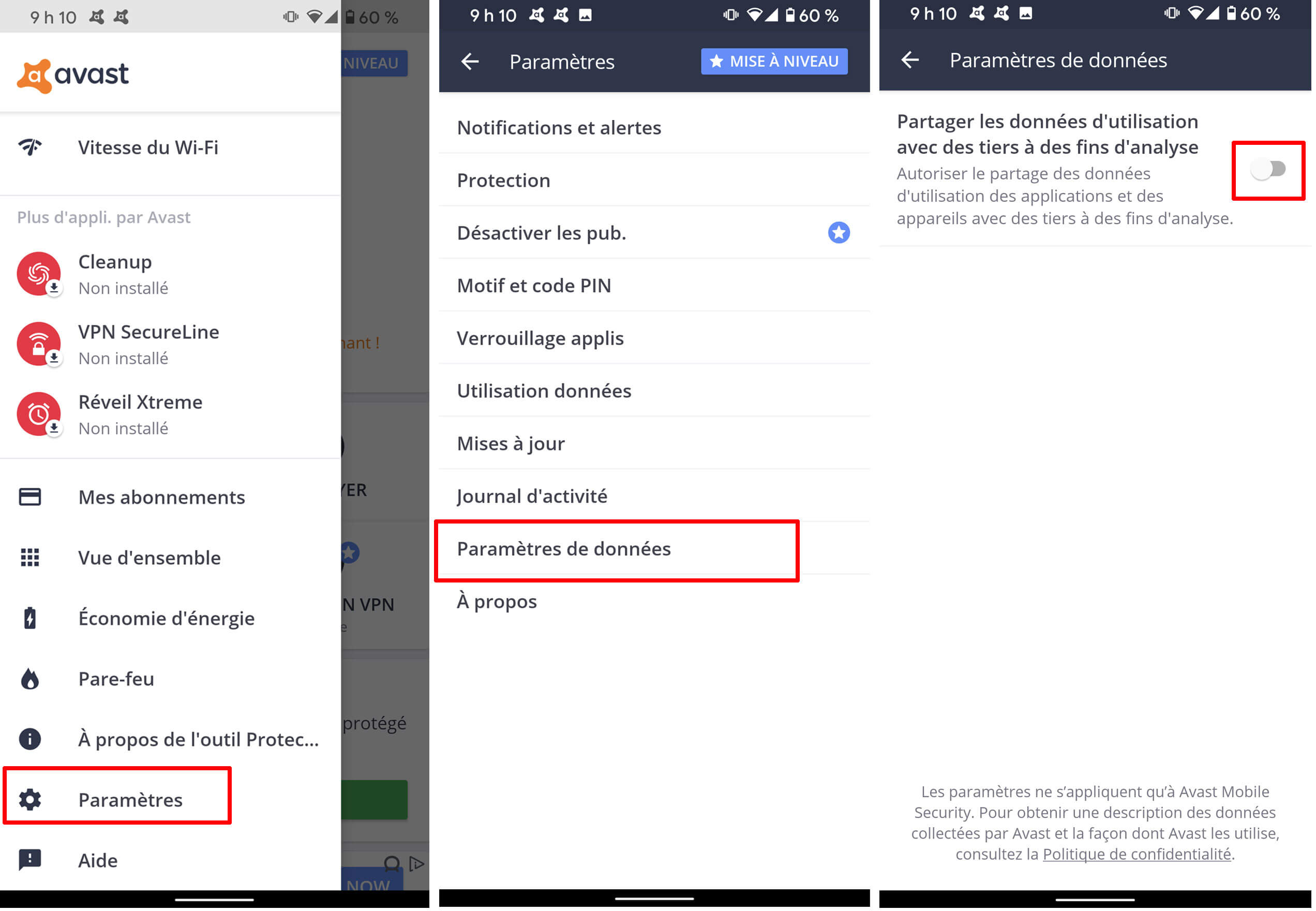 Voici comment désactiver le partage de données d’Avast mobile. Avast antivirus désactiver partage données