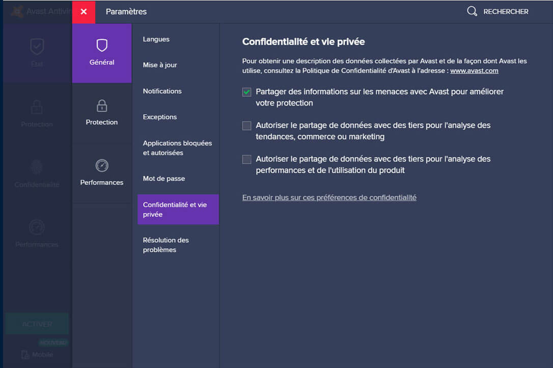 Voici comment désactiver le partage de données d’Avast sur ordinateur. Avast antivirus désactiver partage données ordinateur