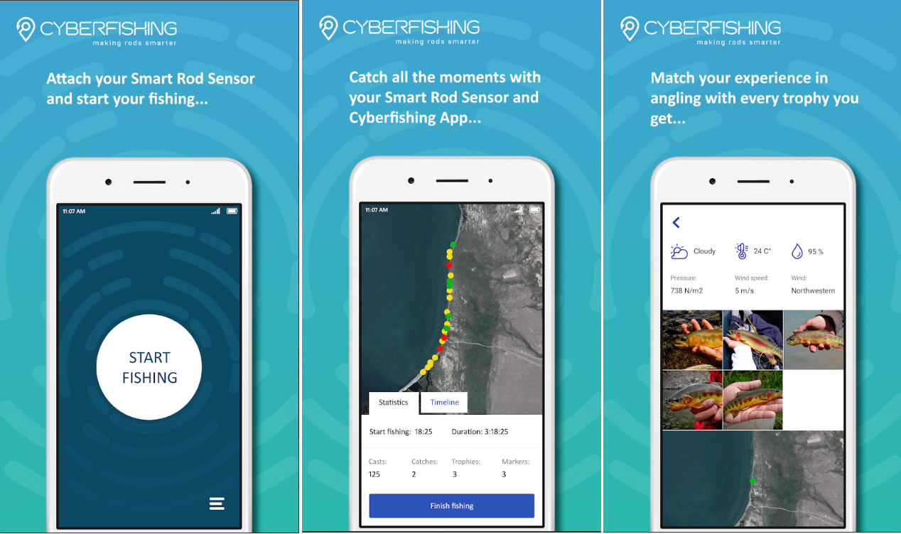L'application de Cyberfishing nous permet desavoir où l'o a fait nos lancés et où les poissons ont mordus. CyberFishing application pêche capteur Smart Rod Sensor