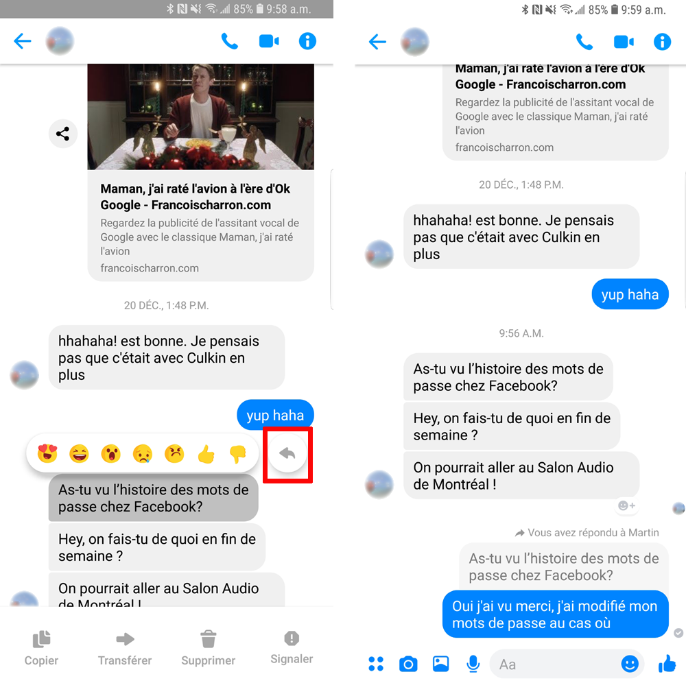 Voici à quoi ressemble une conversation Messenger lorsqu’on répond à un message précis. Facebook Messenger message imbriqués mobile téléphone intelligent Android iPhone