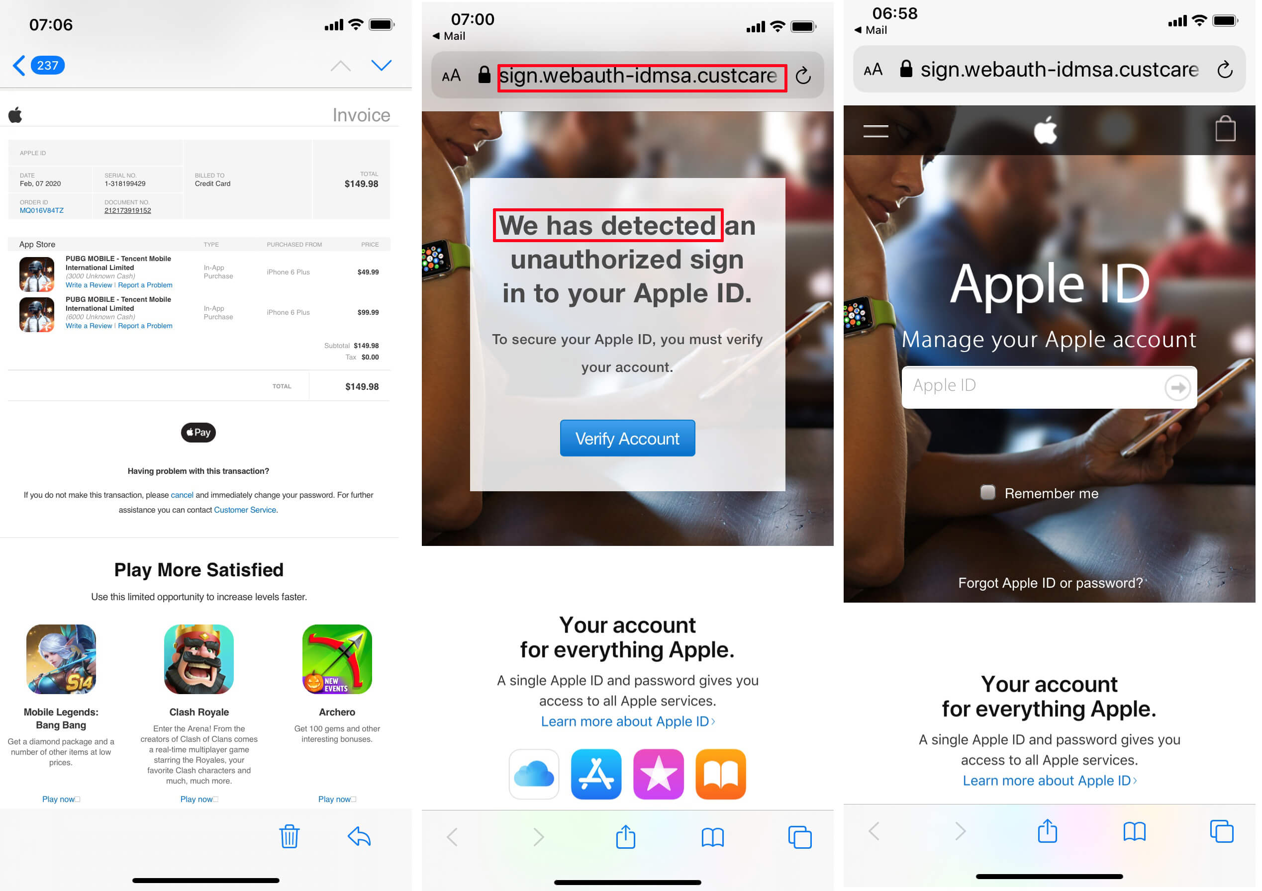 Voici à quoi ressemble la fausse facture et le faux site d'Apple pour l'arnaque. Fausse facture Apple PUBG