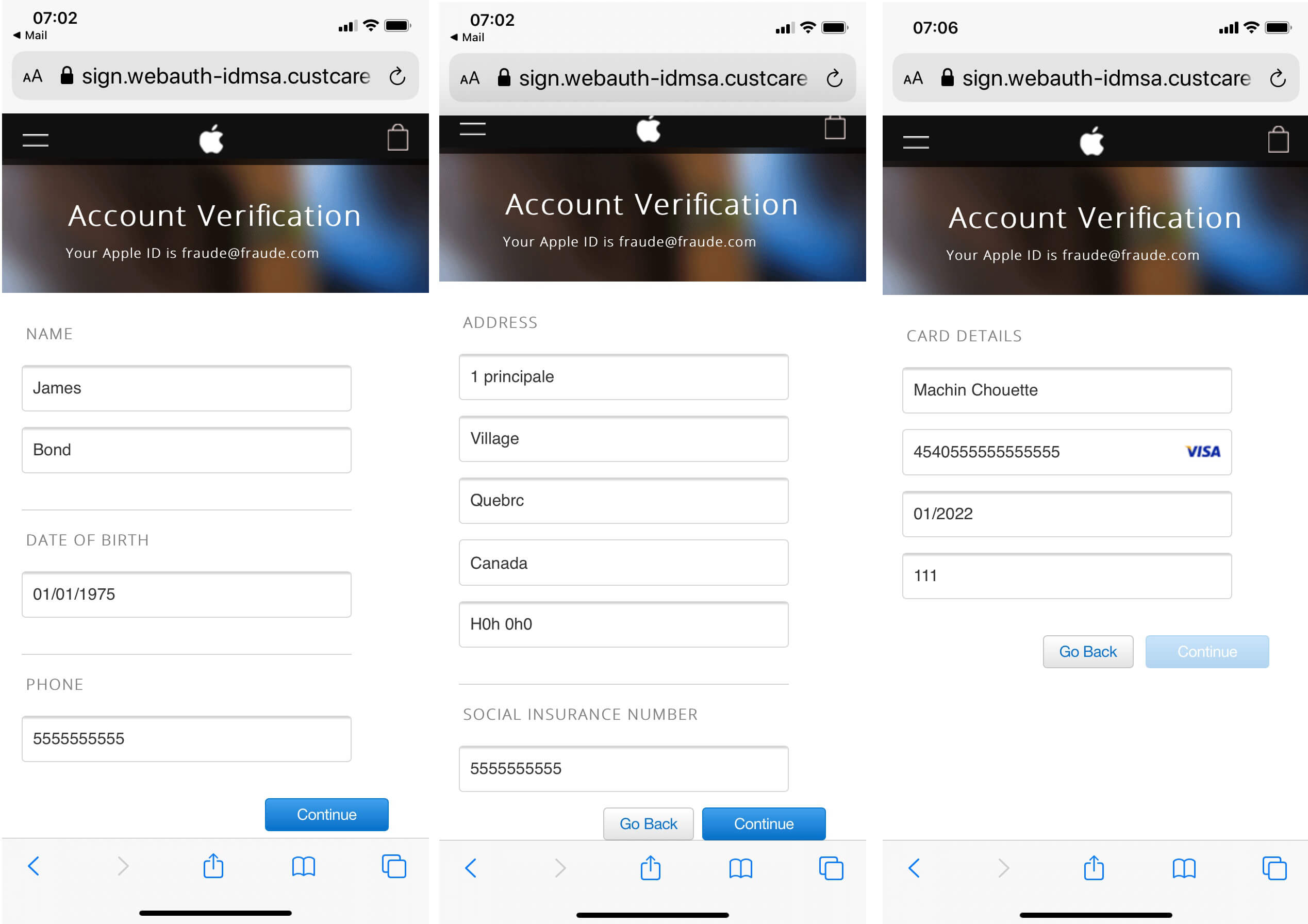 Voici les informations que nous demande le faux site d'Apple. Fraude faux site Apple vol identité