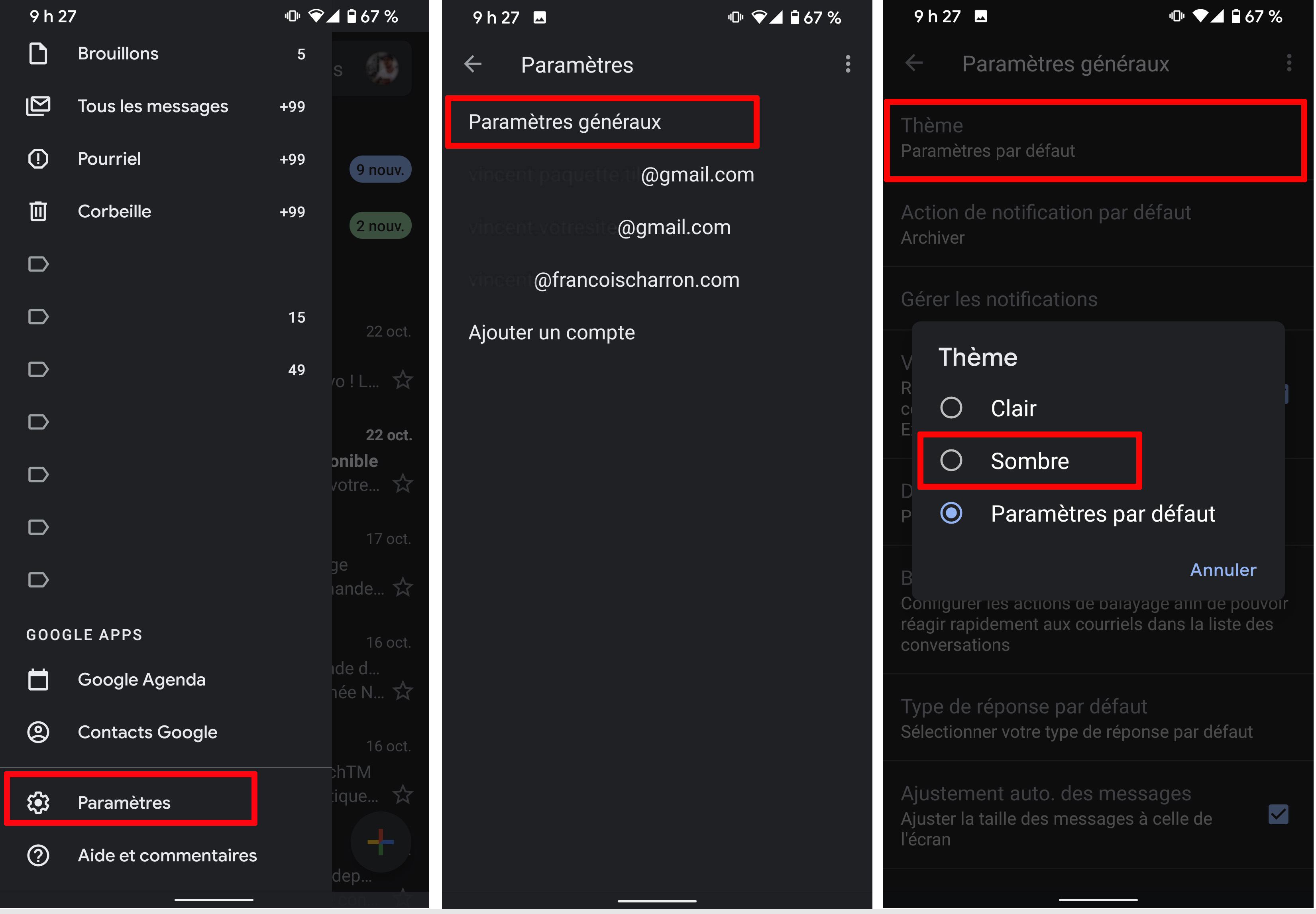 Voici comment activer le mode sombre sur l’application mobile Gmail. Gmail comment activer mode sombre application mobile Android 10 iOS 13