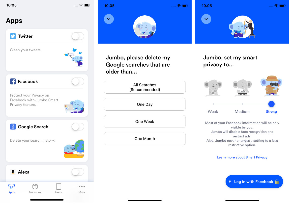 Jumbo Application iOS interface Facebook Twitter Google vie privée