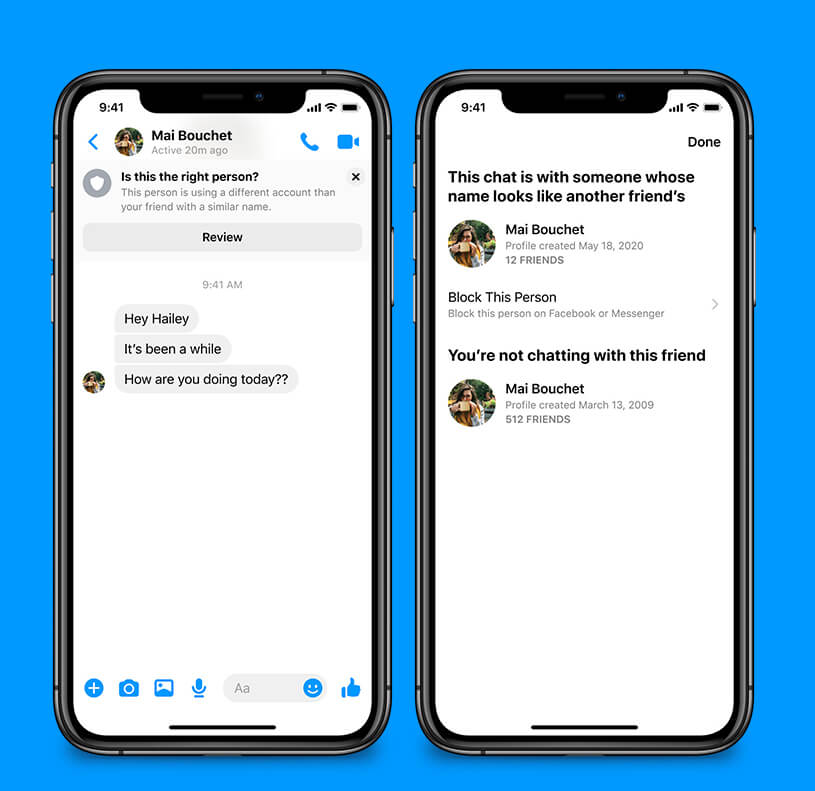 Voici un exemple d’avertissement sur Messenger dans le cas où il peut s’agir d’un compte imposteur. Crédit: Facebook. Messenger détection compte imposteur