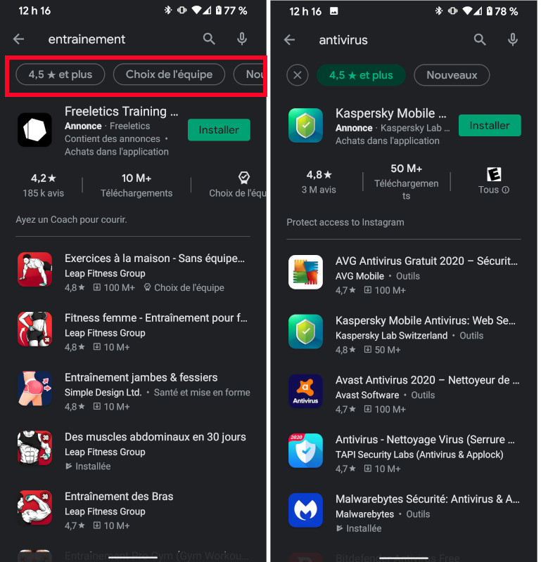 Voici où se trouve le filtre d’étoile sur le Play Store de Google. Comment appliquer filtre étoiles Play Store applications