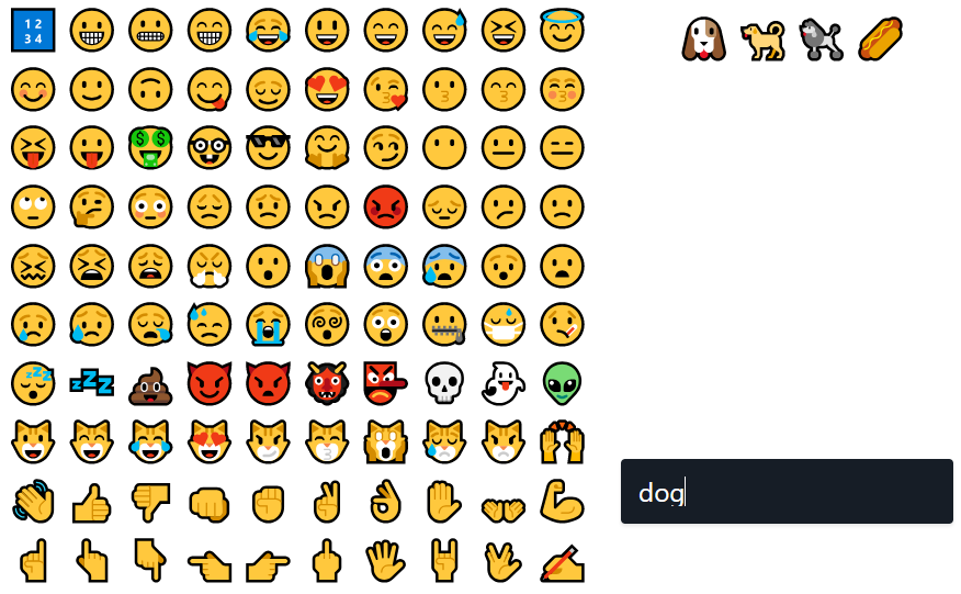 Il suffit de taper un mot clé sur rocketemoji pour voir les différents résultats d'emojis. Rocketemoji moteur de recherche ordinateur dog