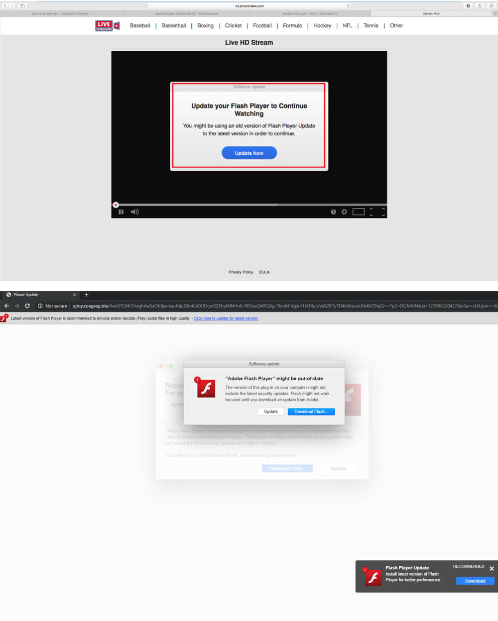 Voici des exemples de fausses fenêtres de mise à jour Flash. Crédit : Kaspersky. Shlayer fausse mises à jour Flash Player Mac adware