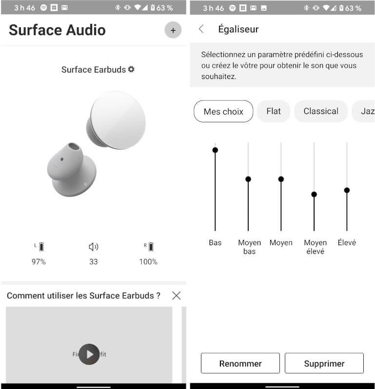 L’application Surface Audible nous permet de jouer avec les configurations de nos Surface Earbuds. Surface Audio application mobile écouteurs Microsoft
