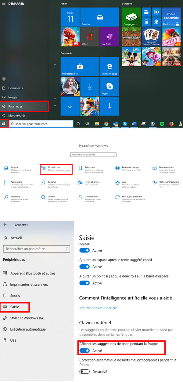 Voici comment activer les suggestions de texte pendant la frappe. Suggestion texte Windows 10 ordinateur tablette
