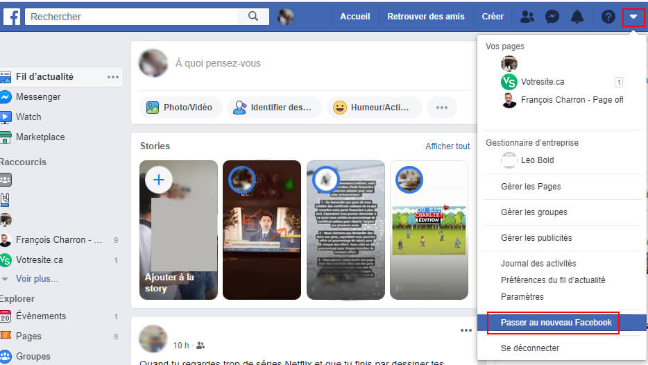Pour activer la nouvelle interface, il suffit d'aller jeter un coup d'oeil dans le menu. activer nouvelle interface fb