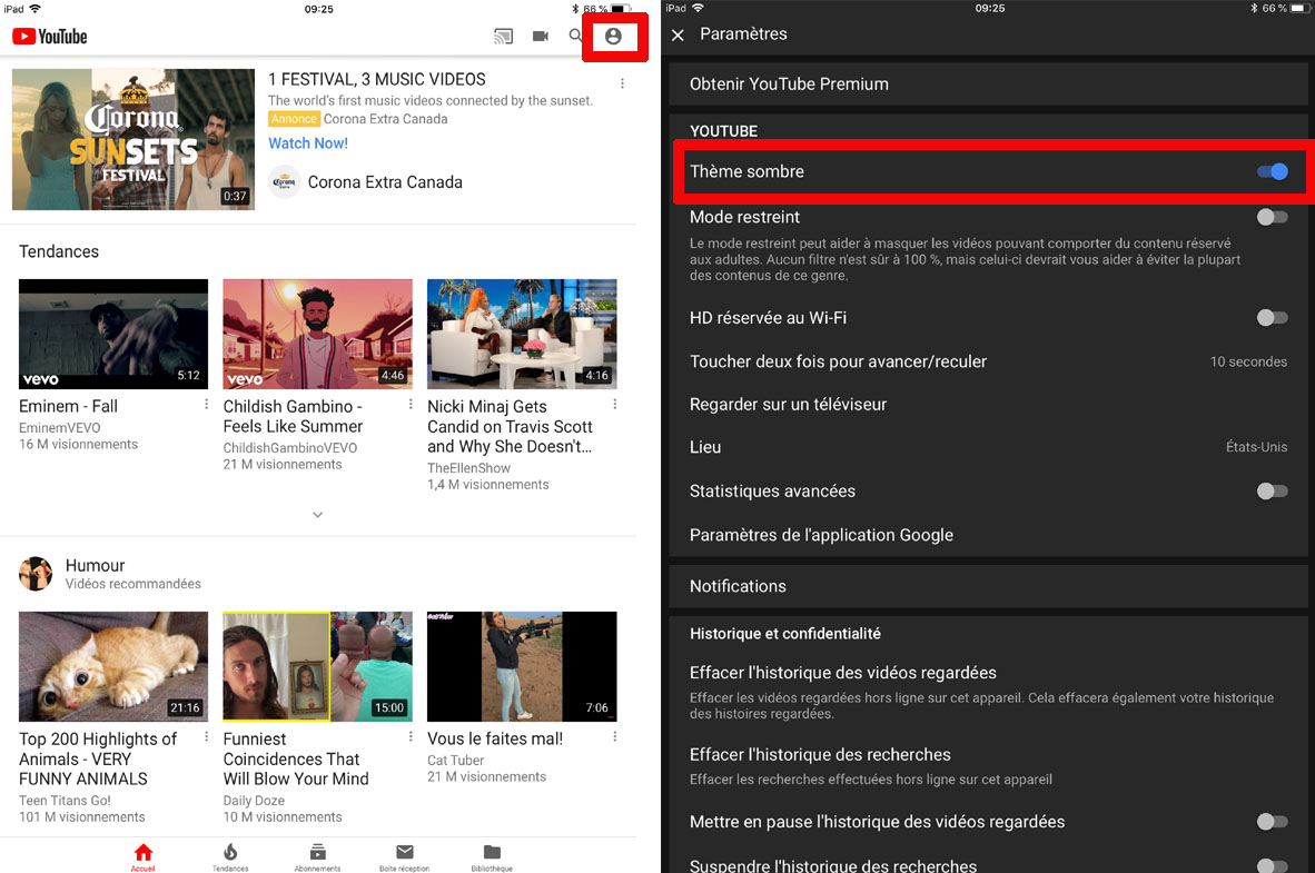 Comment activer le thème sombre de YouTube sur iOS Activer thème sombre YouTube iOS