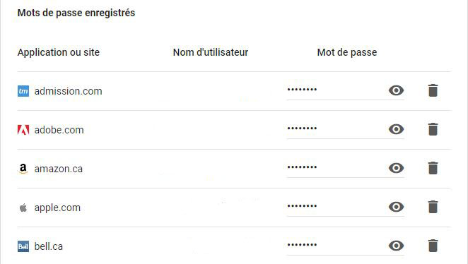 Page de gestion des mots de passe sur Google Gestion mot de passe Google