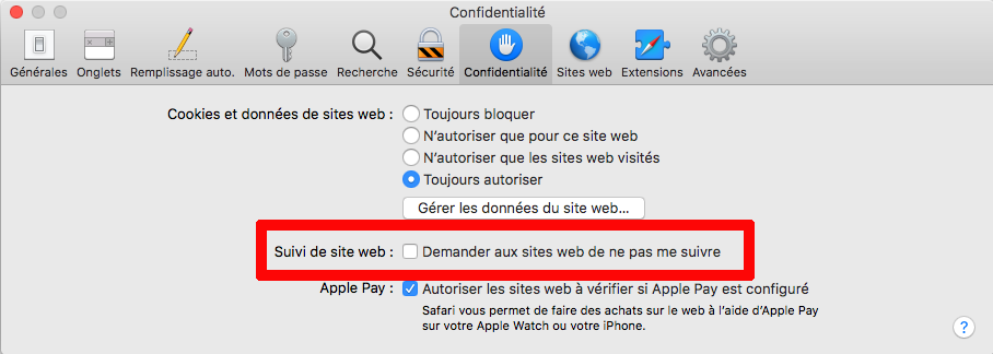 Voici où vous pouvez activer la fonction Demander aux sites web de ne pas me suivre Safari Mac Apple