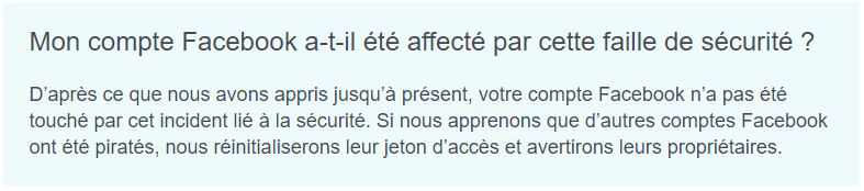 Voici le message qui s'affiche si l'on n'a pas été vicitme de la faille. Message Facebook compte non piraté