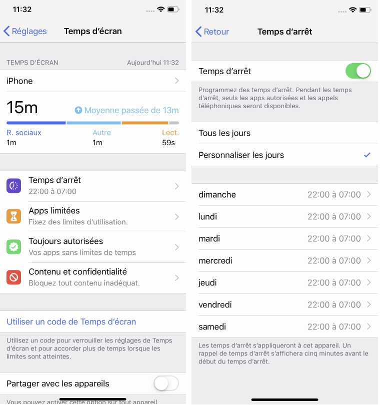 Il sera possible de personnaliser le Temps d’arrêt dans iOS 12.2. Apple iOS 12.2 personnalisation Temps d'arrêt Temps d'écran