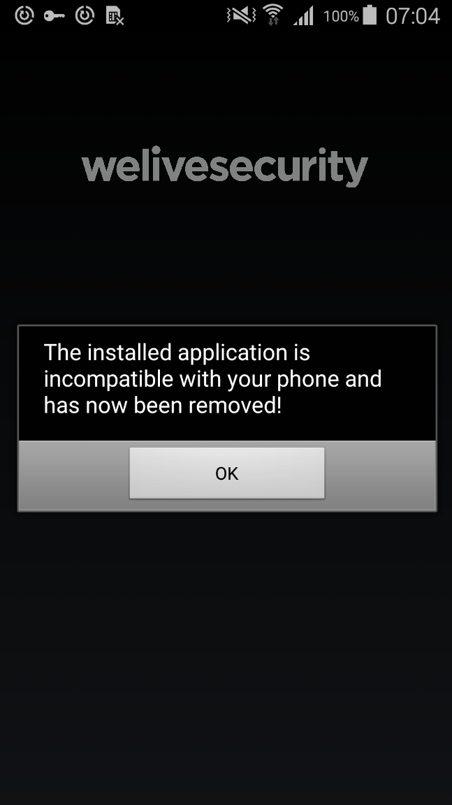 Voici le message d'erreur qui s'affiche lorsqu'on ouvre l'une des applications infectées. Malware bancaire message erreur ESET