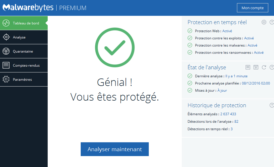 Le tableau de bord de Malwarebytes sur PC Malwarebytes tableau de bord protection pc