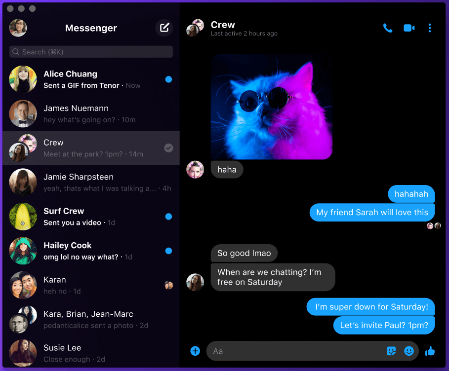 La nouvelle version de l’application Messenger pour bureau a maintenant l’option de vidéoconférence. nouvelle app messenger sombre bureau