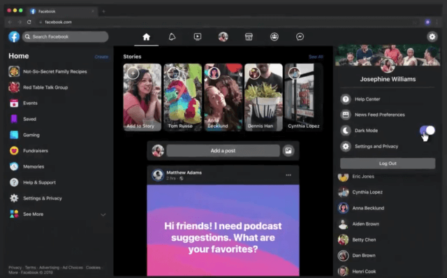 Un aperçu du mode sombre de Facebook et de sa nouvelle interface. Facebook interface FB5 version bêta test