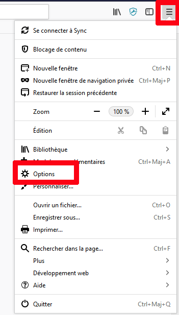Voici où ouvrir les options du navigateur web Firefox. Ouvrir option Firefox Mozilla