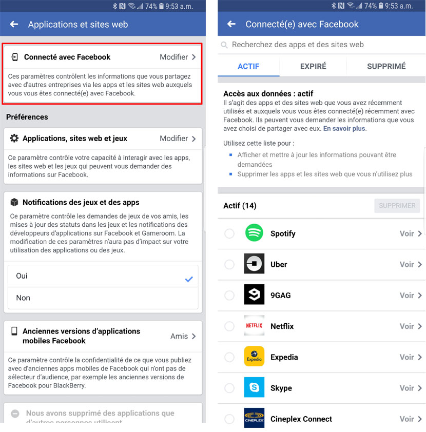 Voici la procédure pour retirer les accès sur mobile Retirer accàs données apps Facebook