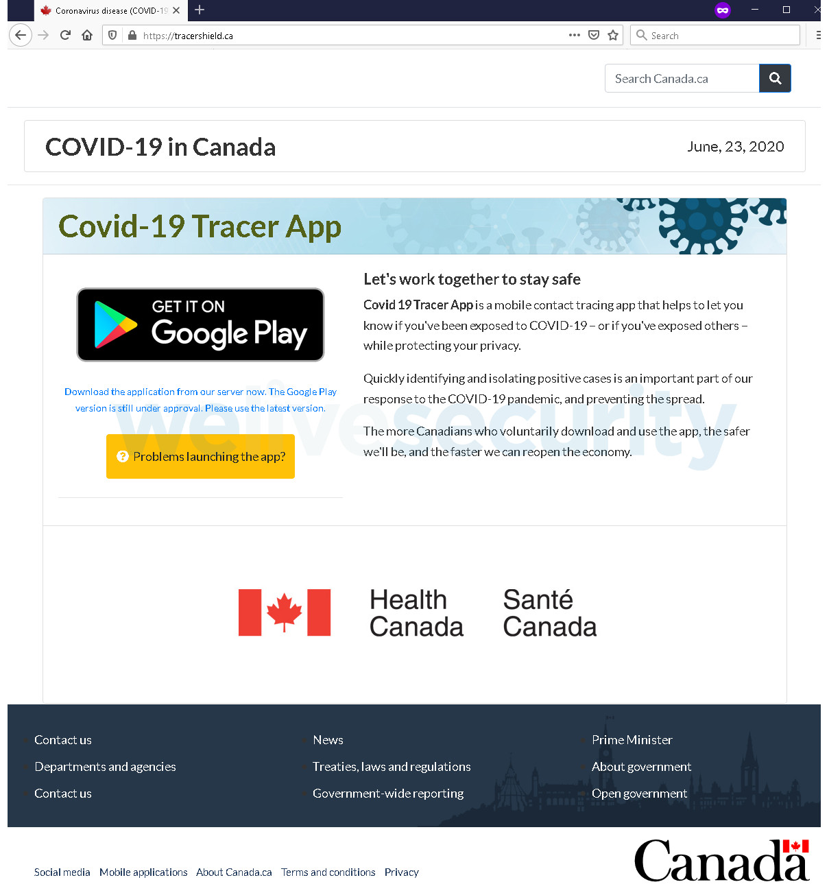 Traceshield.ca est un exemple de faux site du gouvernement canadien. Tracershield faux site web santé canada