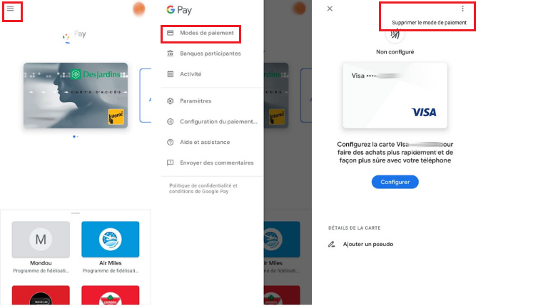 Google Pay comment retirer informations bancaires mobile