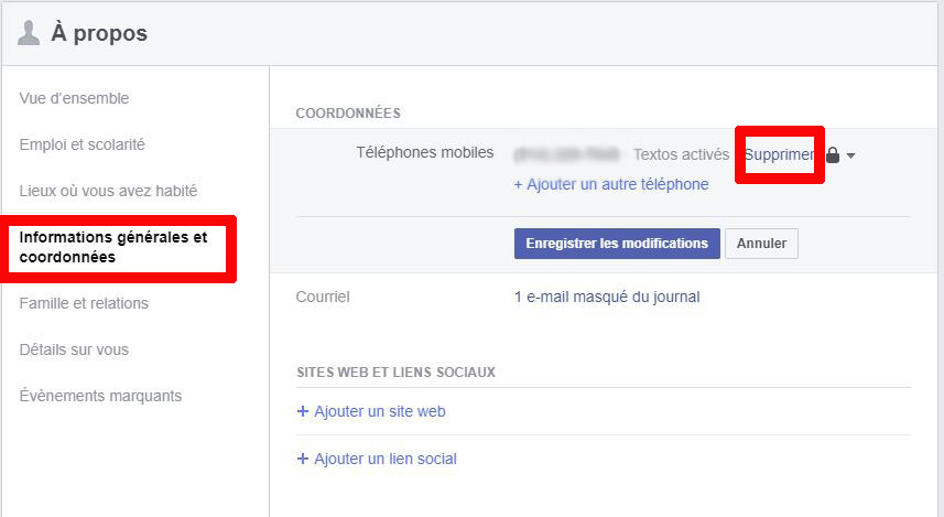 Facebook comment supprimer numéro de téléphone