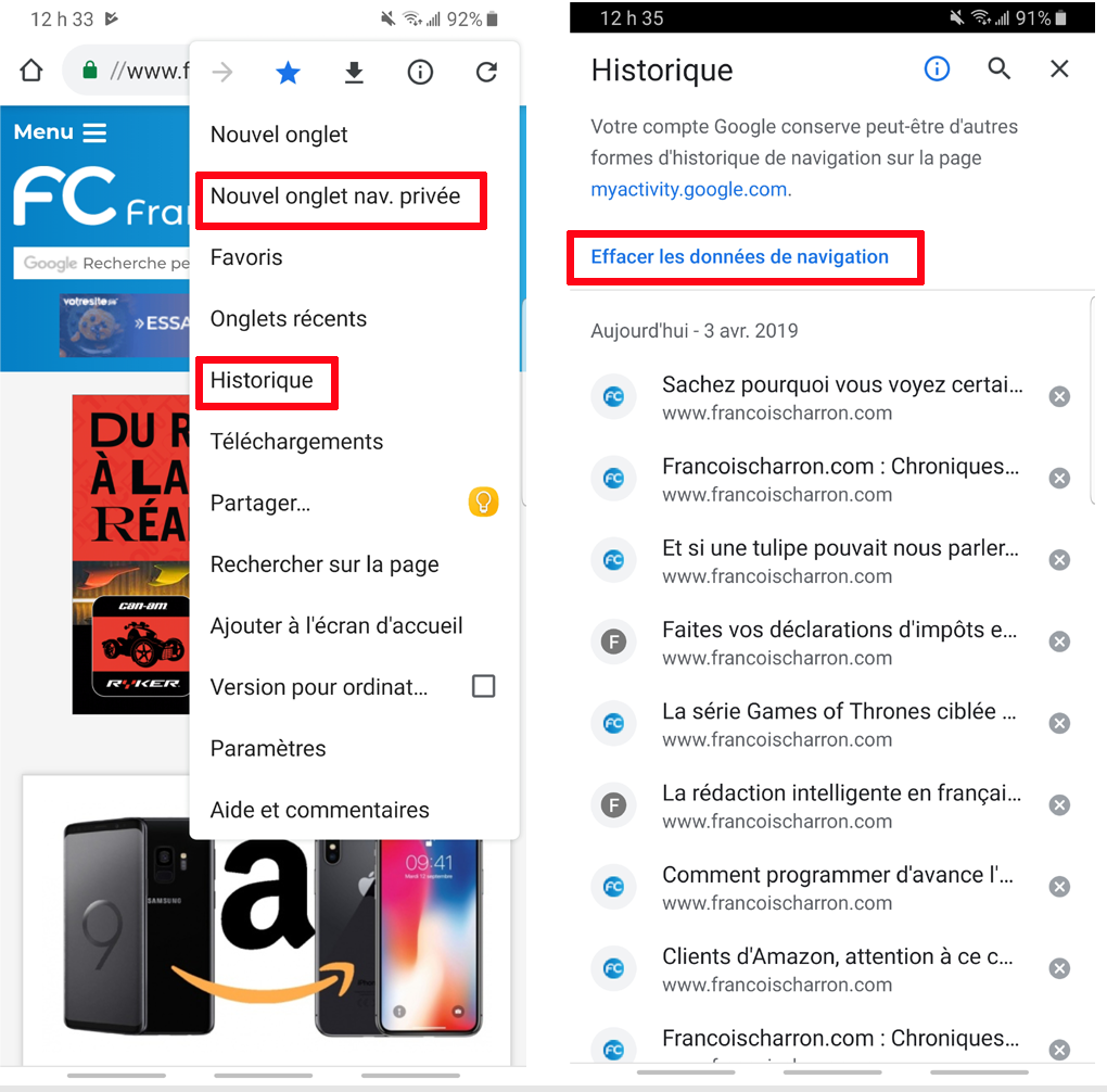 Effacer historique navigation Google Chrome mobile navigation privée