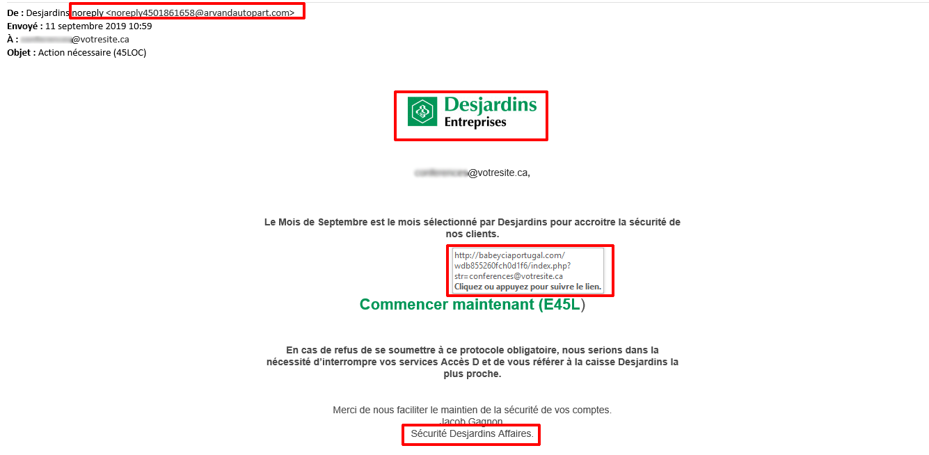 Plusieurs incohérences sont présentes dans ce courriel d'hameçonnage. desjardins hameconnage courriel septembre securite