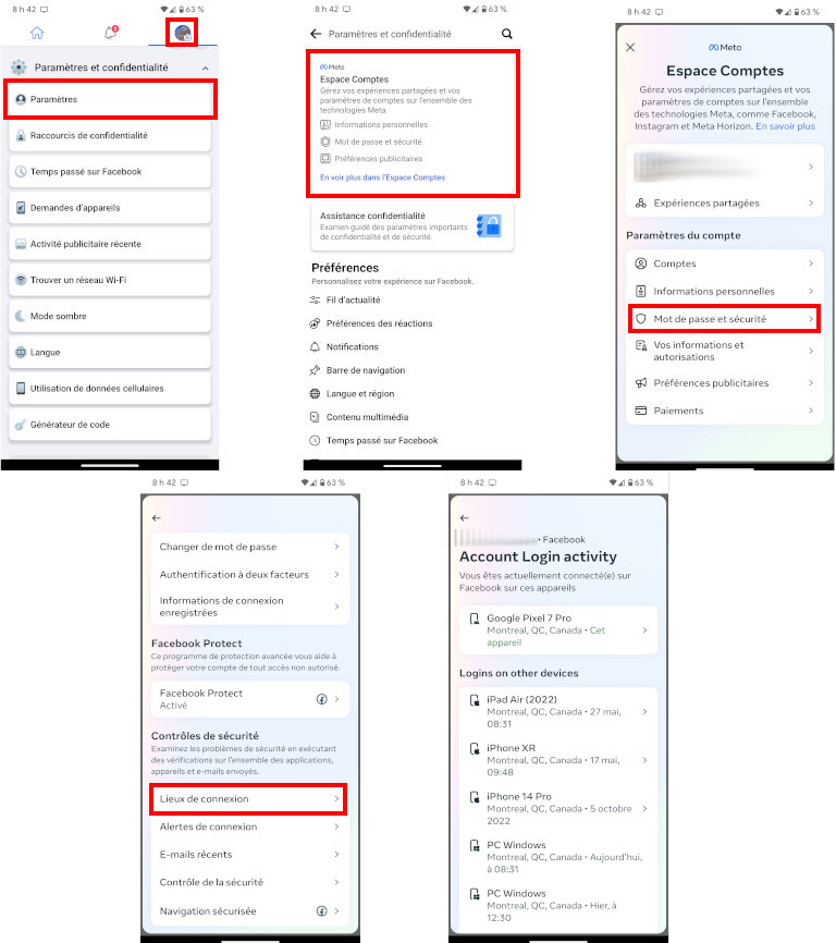 Facebook liste appareils connectés