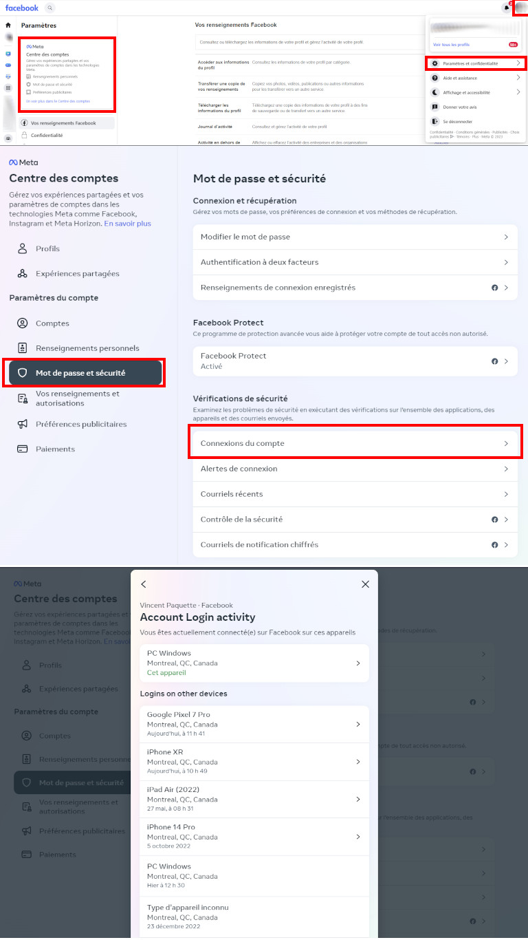 Facebook liste connexion ordinateur