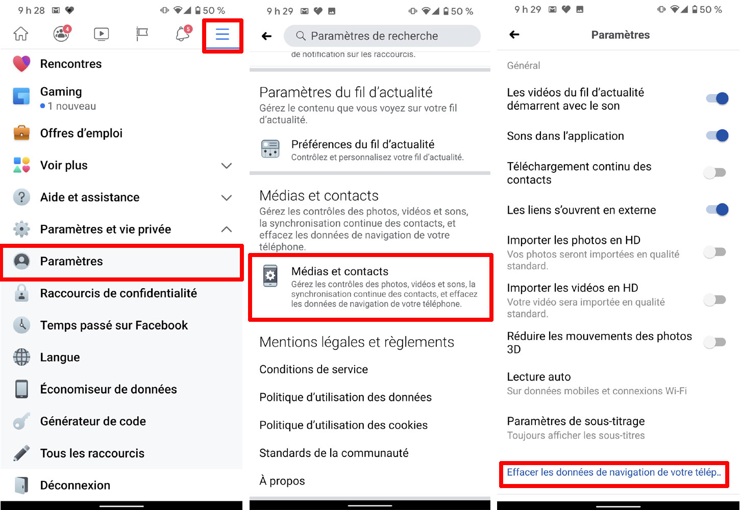 Facebook comment supprimer données navigation android téléphone