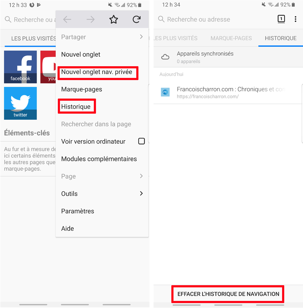 Firefox mobile effacer historique navigation privée