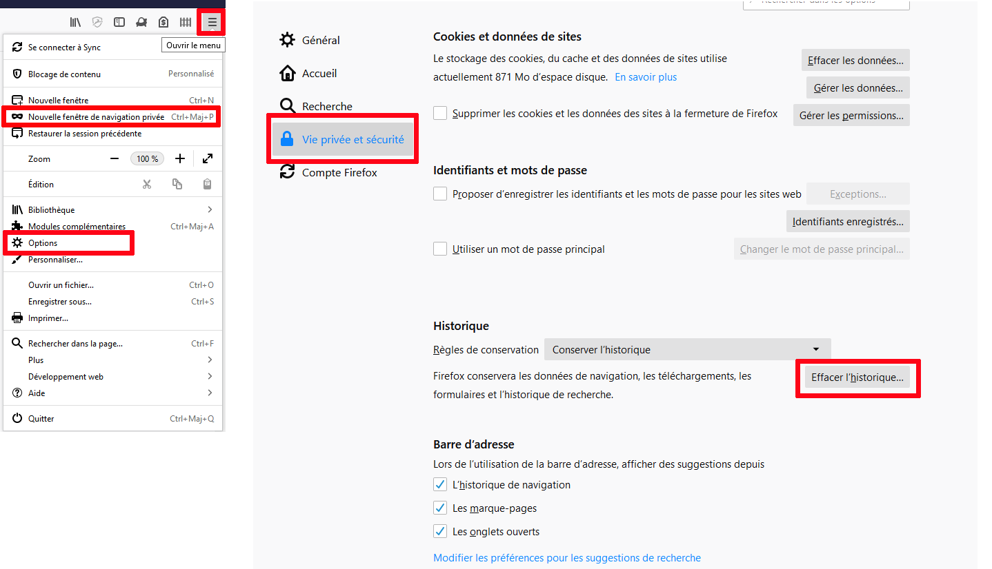 Firefox ordinateur effacer historique navigation privée