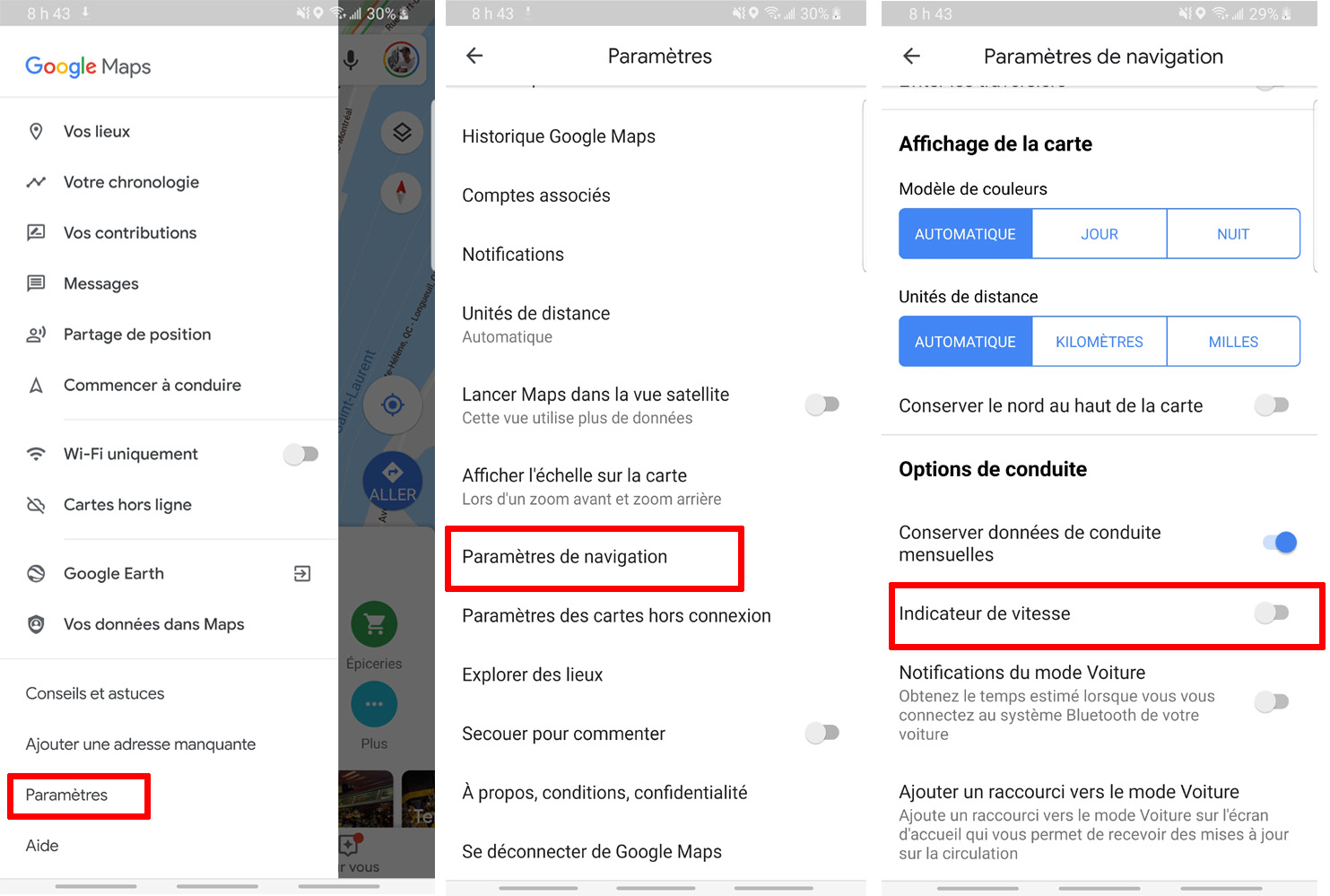 Google Maps comment activer indicateur compteur de vitesse