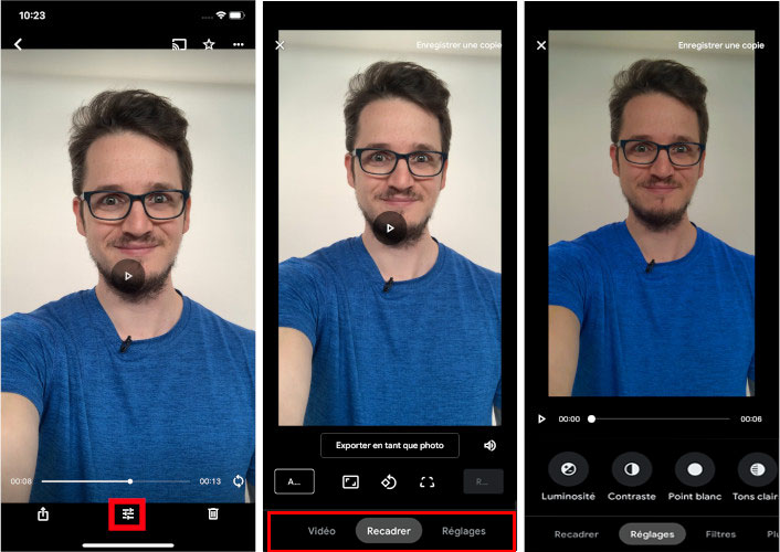 Les options de modifications vidéo sur Google Photos se trouvent dans le bas de l'application. Google Photos comment modifier vidéos application mobile