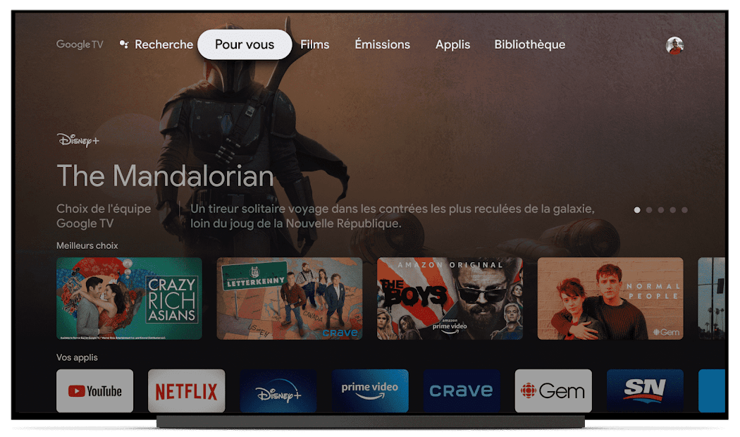L’interface de Google TV rassemble toutes les plateformes de vidéo en ligne. Interface Google TV Chromecast television