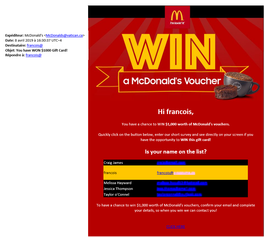 McDonald's courriel hameçonnage phishing email 1000$