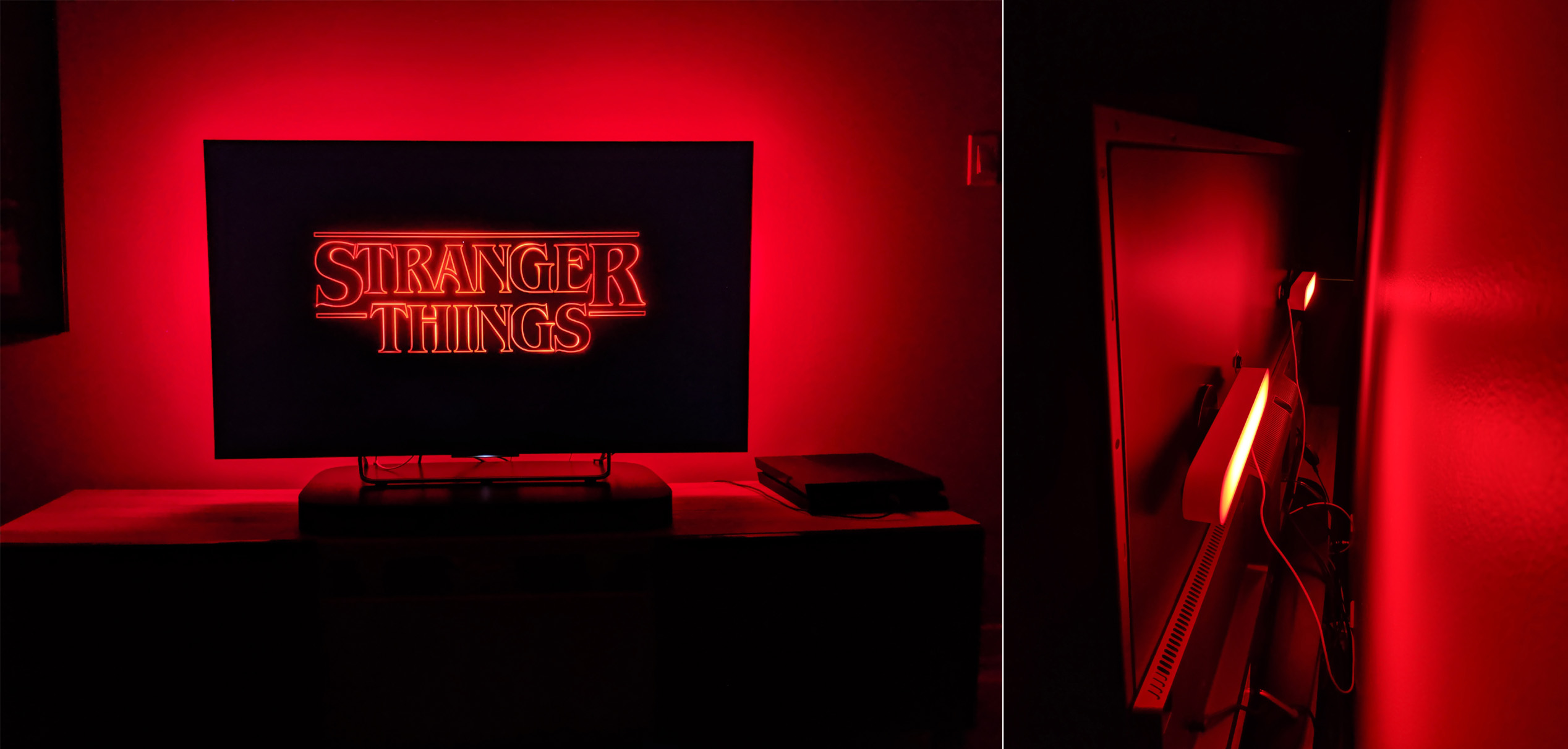 Nos lumières Philips Hue Play se sont illuminées en rouge en écoutant Stranger Things. Philips Hue Play lumières intelligentes télévision Stranger Things