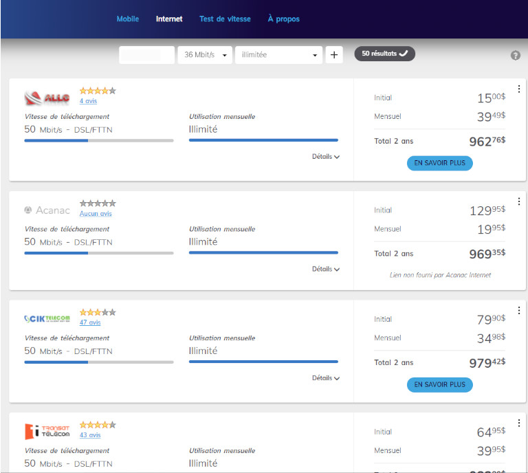 Le comparateur affiche tous les forfaits internet disponibles selon nos critères de recherches. Plan Hub comparer forfait internet francoischarron.com
