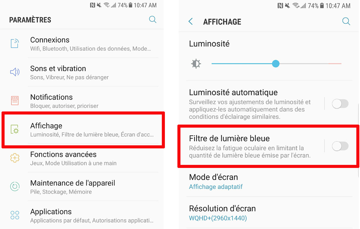 Certains appareils Android on une fonction de filtre de lumière bleue