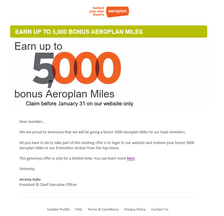 Faux courriel Aéroplan 5000 miles 31 janvier