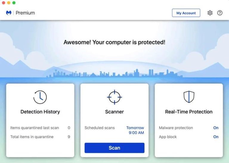L’interface de Malwarebytes sur Mac est non seulement épurée, mais économe en espace. aperçu interface simple légère macOS mac ordinateur
