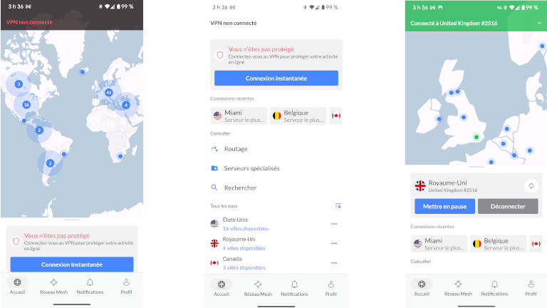 On peut rapidement se connecter d'un pays à un autre via l'application de NordVPN. Application mobile NorVPN